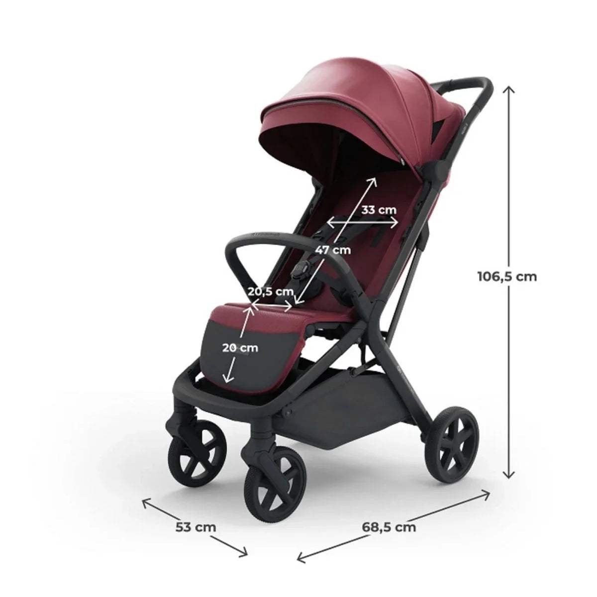 Dark ruby stroller with labeled dimensions, including 106.5 cm height and black wheels