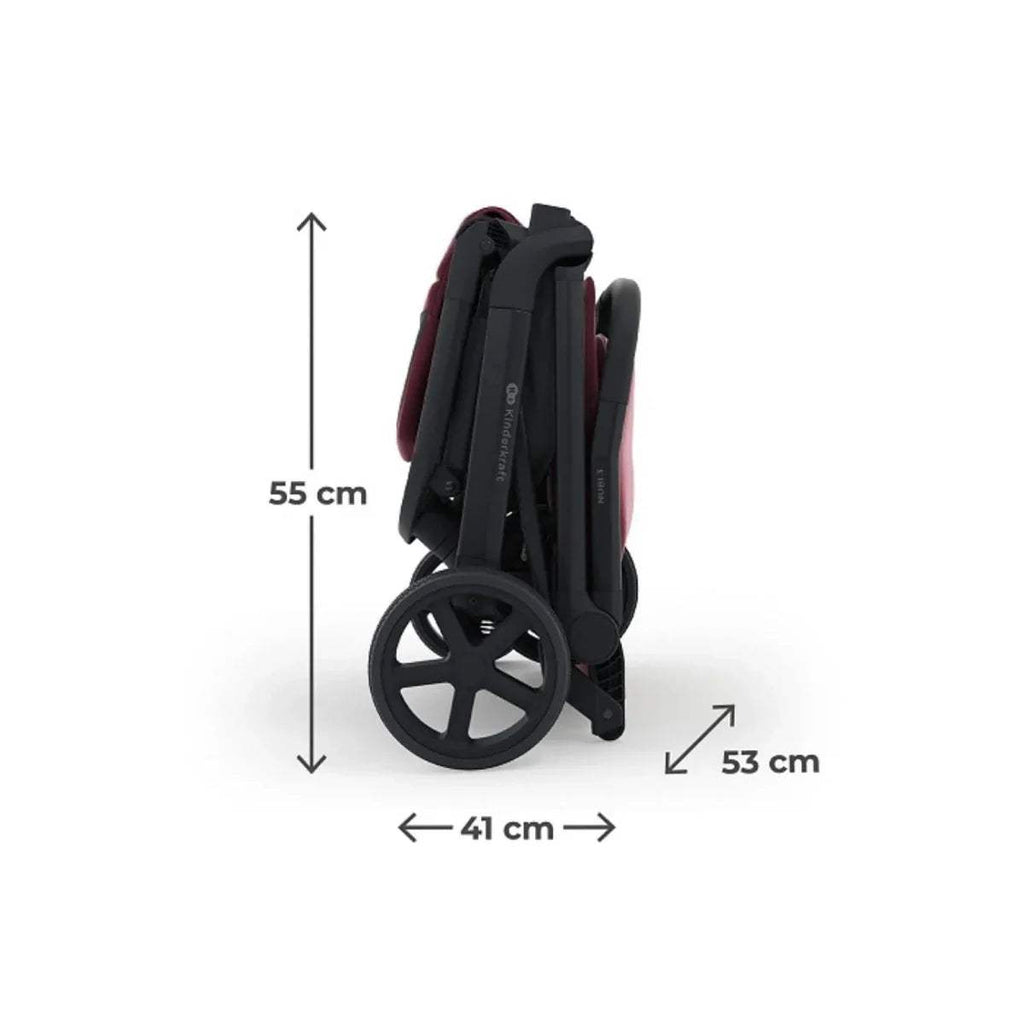 Folded dark ruby stroller with labeled size, including 55 cm height and 4.1 cm width