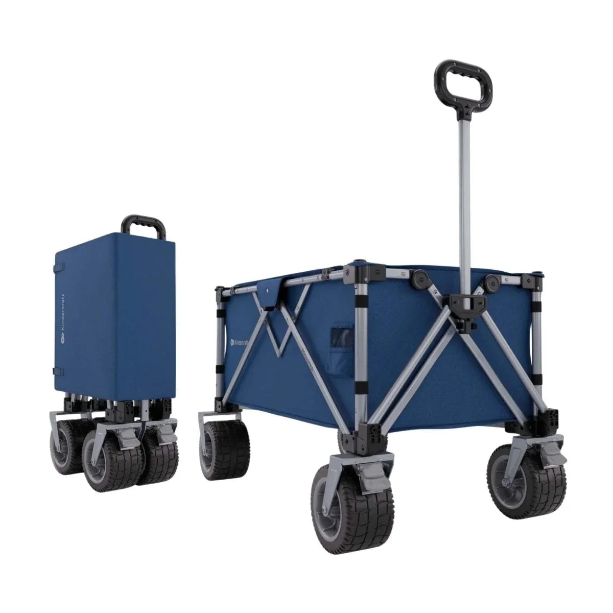 Night blue folding wagon with tall handle and four rugged wheels