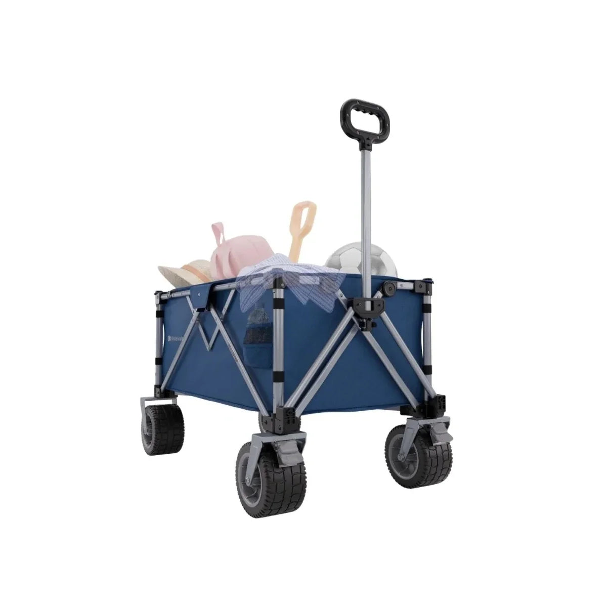 Night blue wagon with tall handle and open interior with visible items