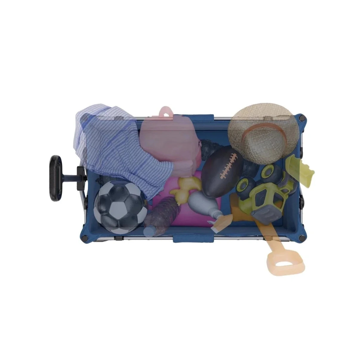Night blue wagon loaded with toys and blanket inside open container