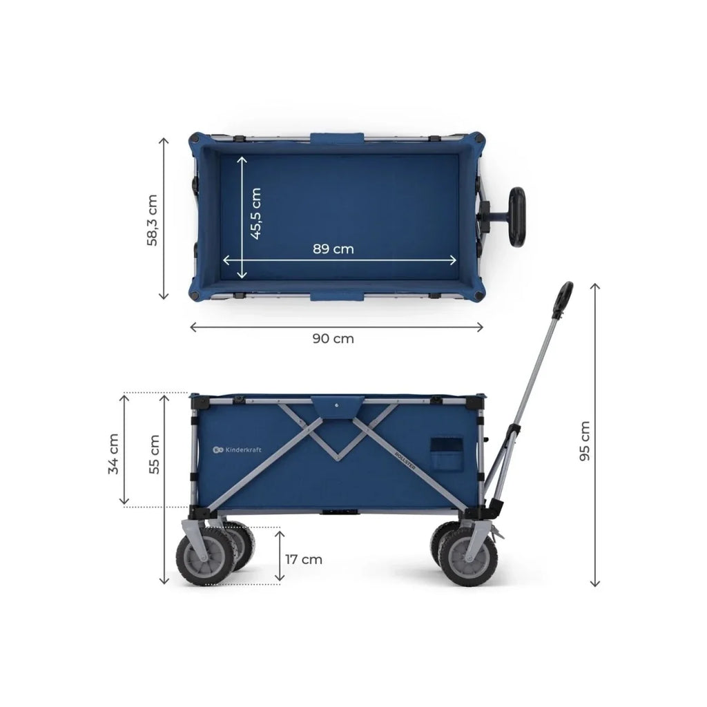 Night blue wagon with dimensions overlay; open storage box on wheels