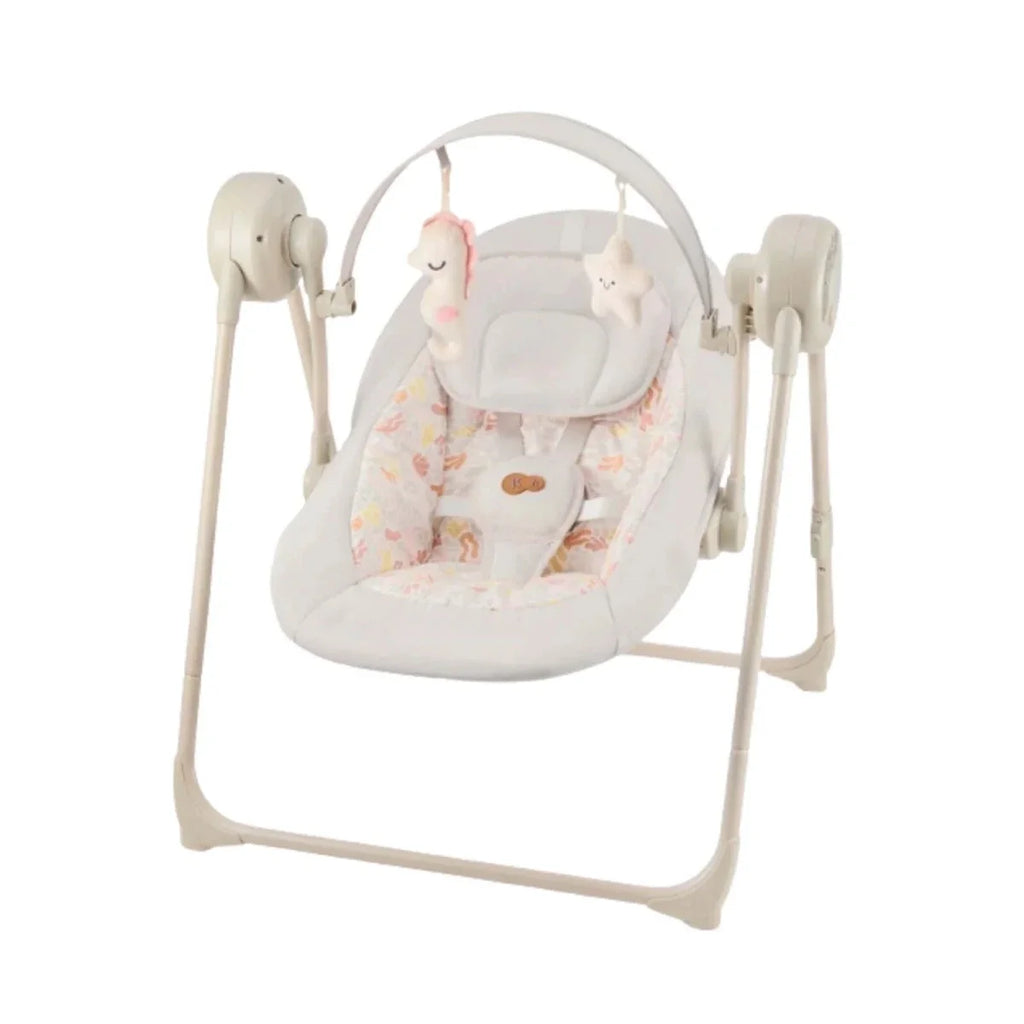 Kinderkraft beige electric baby rocker bouncer with patterned seat and toy bar