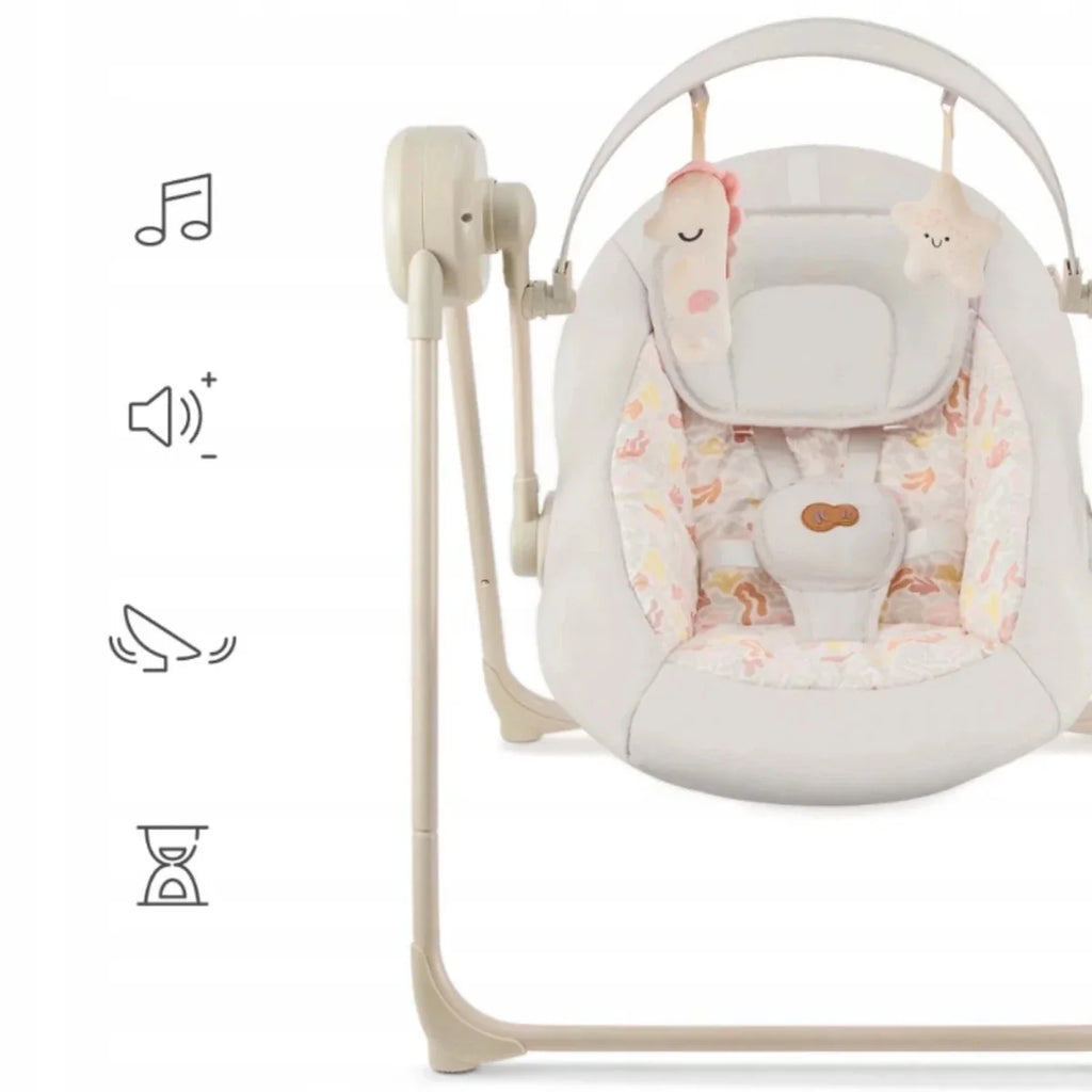 Kinderkraft beige electric baby rocker bouncer, front view with hanging plush toys