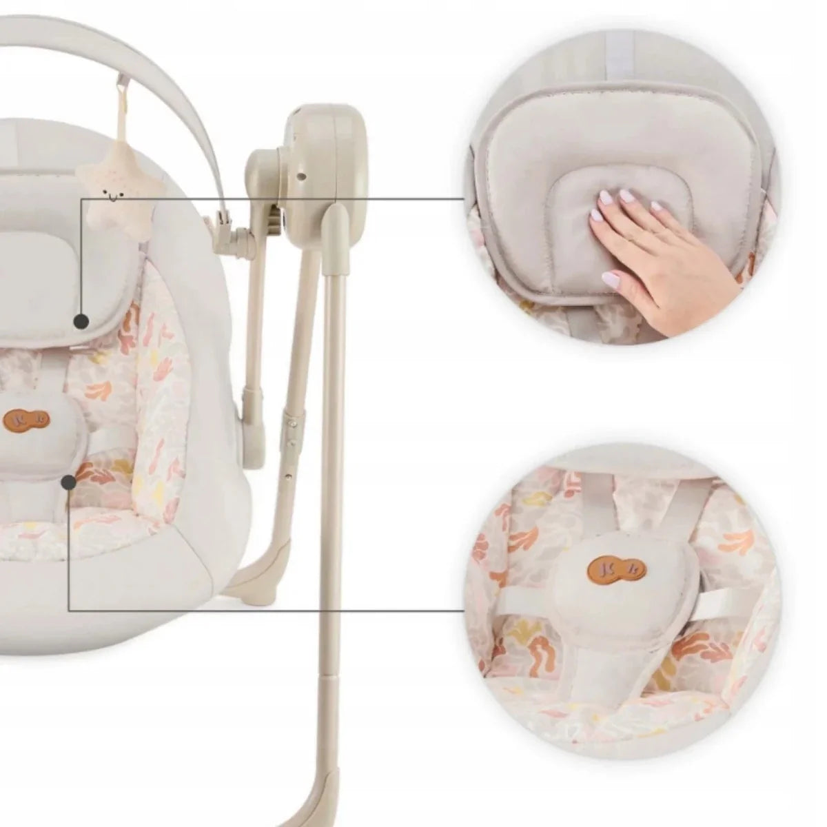 Kinderkraft beige electric baby rocker bouncer, close-up of seat pad and toy bar