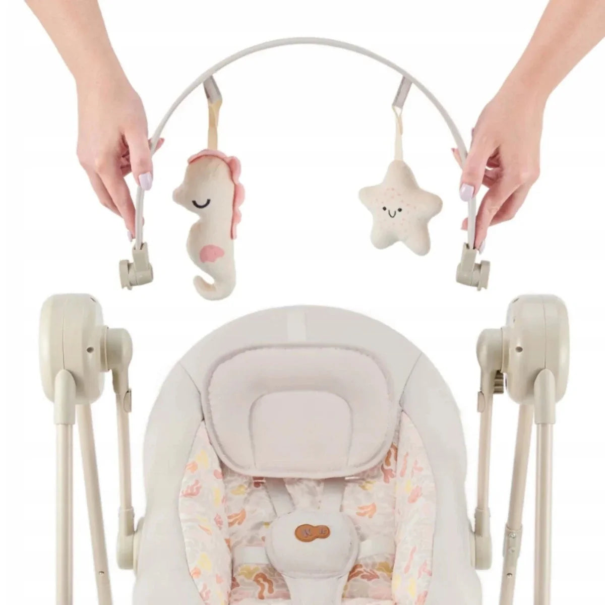 Kinderkraft beige electric baby rocker bouncer with arched toy bar and hanging plush