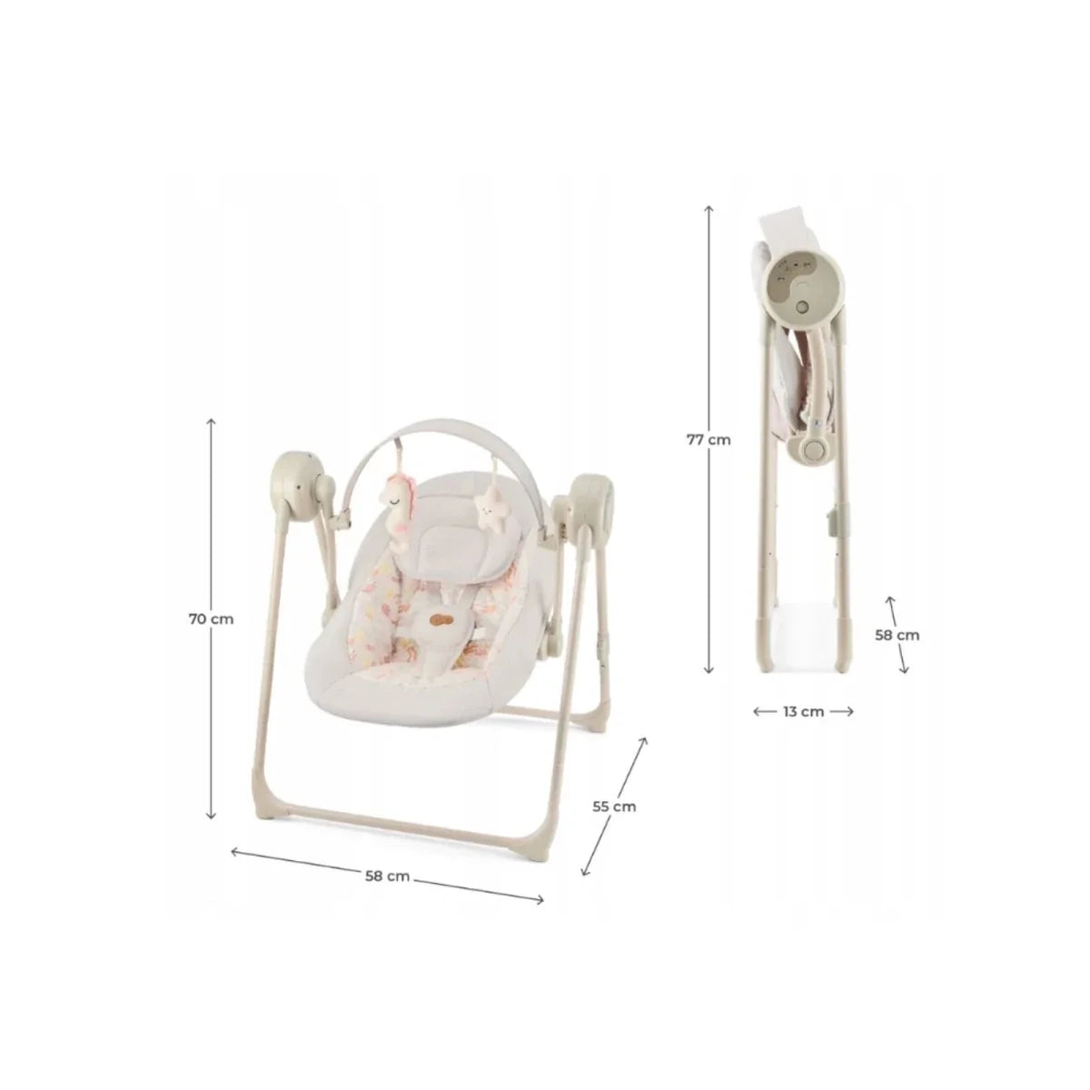 Kinderkraft beige electric baby rocker bouncer with visible height and width measurements
