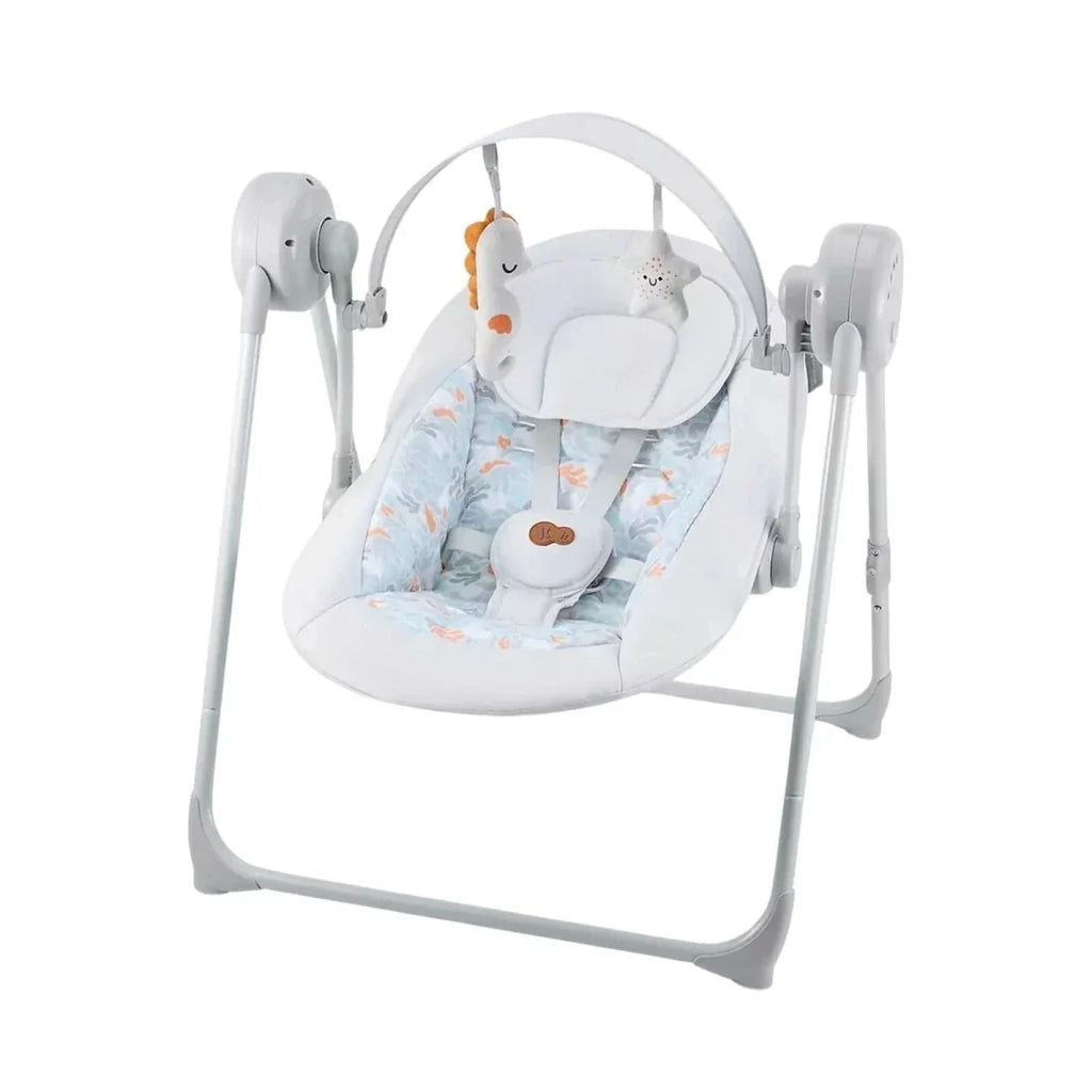 Grey electric baby rocker with light blue patterned seat, arch toy bar, and built-in speakers