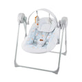 Grey electric baby rocker with light blue patterned seat, arch toy bar, and built-in speakers