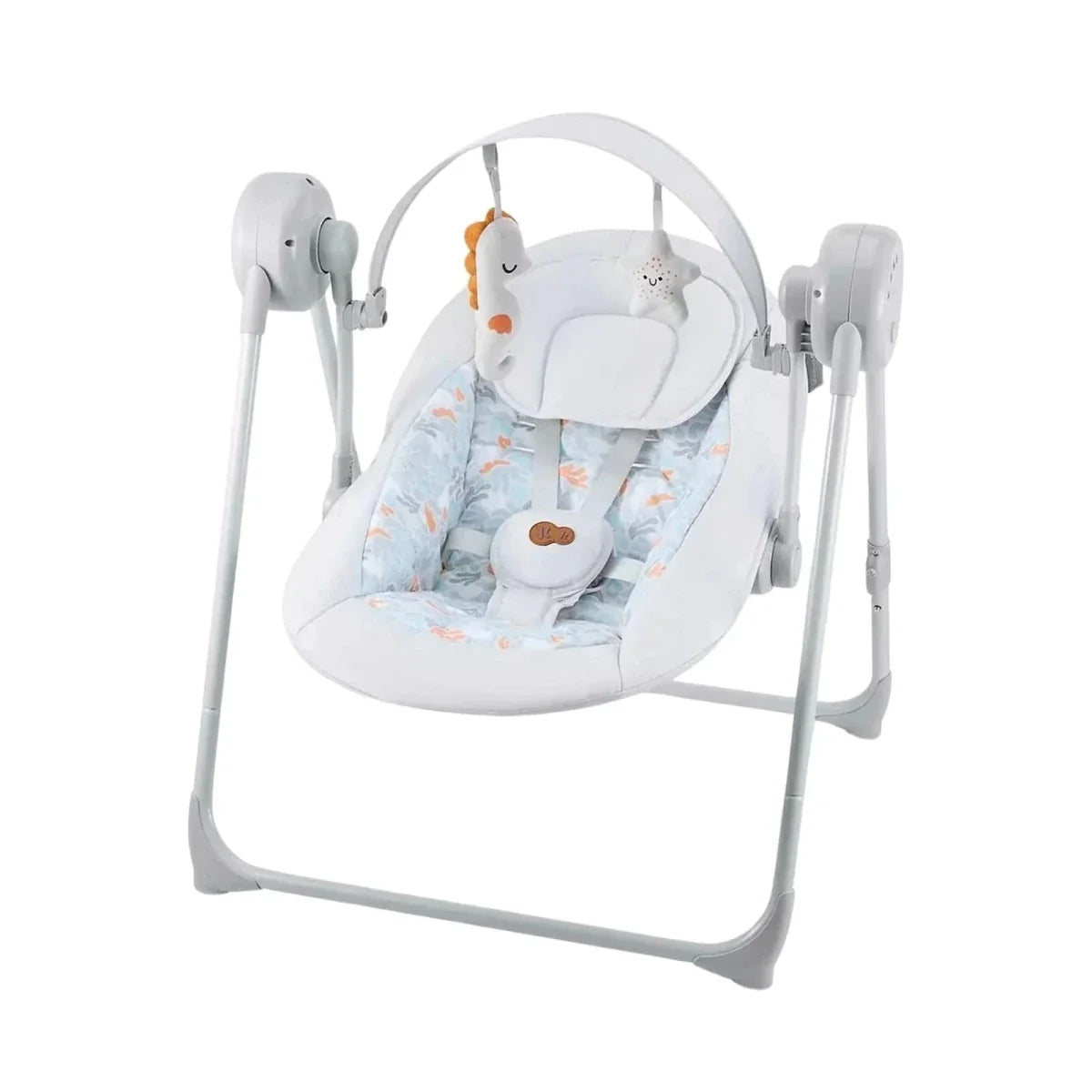 Grey electric baby rocker with light blue patterned seat, arch toy bar, and built-in speakers