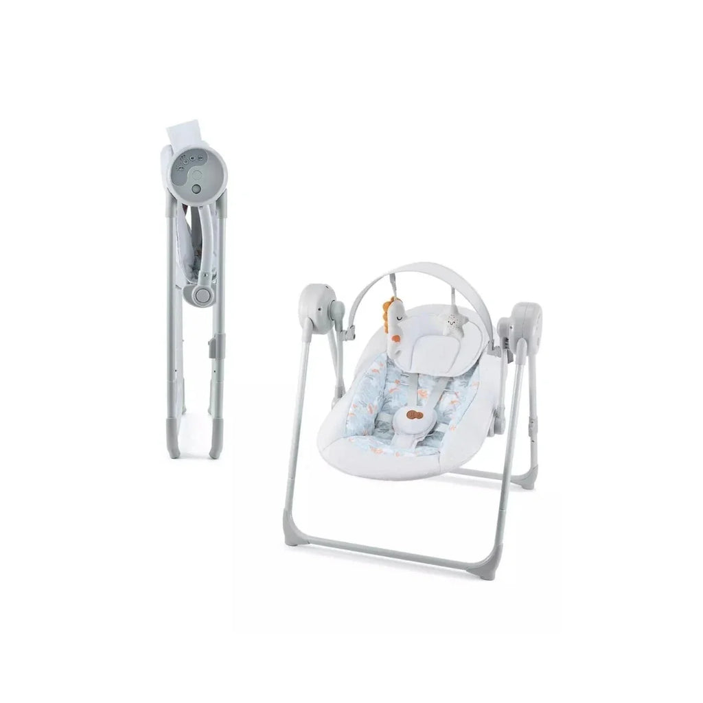 Grey electric baby rocker bouncer with padded seat and side controls on white frame