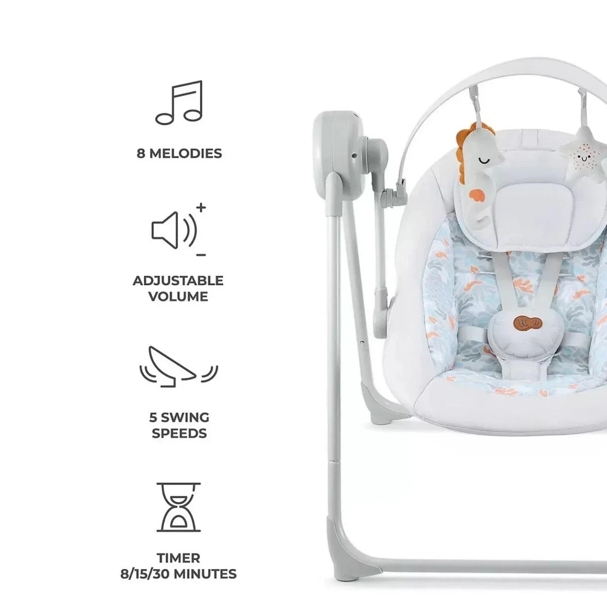 Grey electric baby rocker with swing settings icons: melodies, volume, swing speed, timer