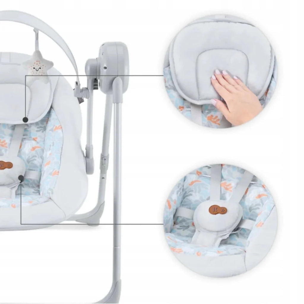 Grey electric baby rocker with patterned seat cushion and removable pad