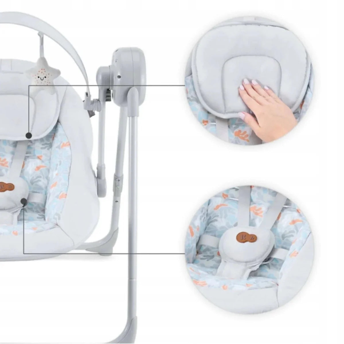 Grey electric baby rocker with patterned seat cushion and removable pad