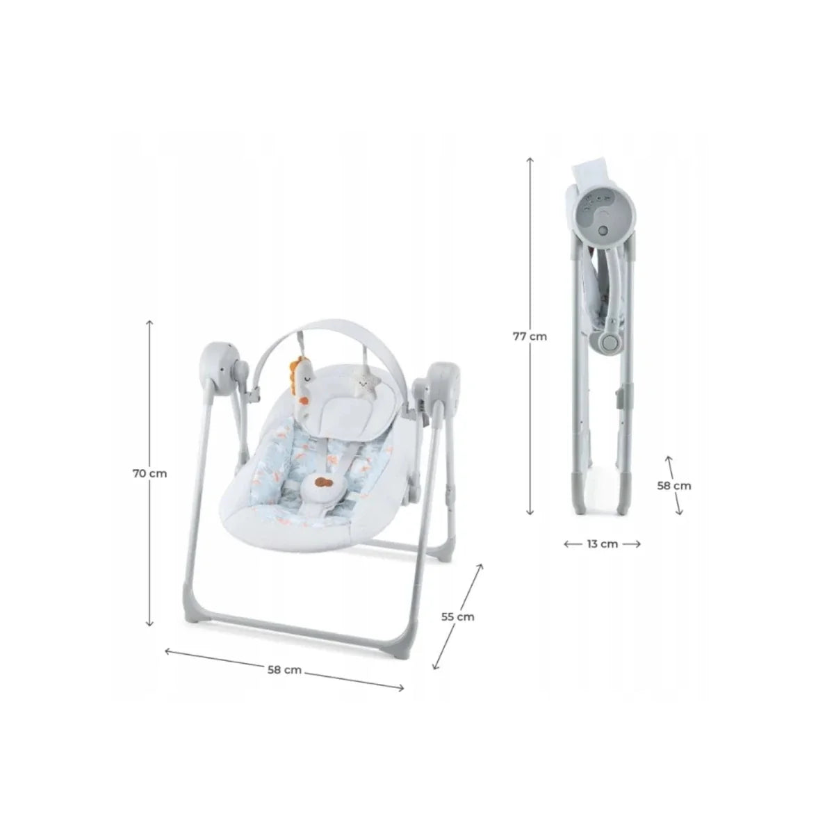 Grey electric baby rocker bouncer shown with size measurements