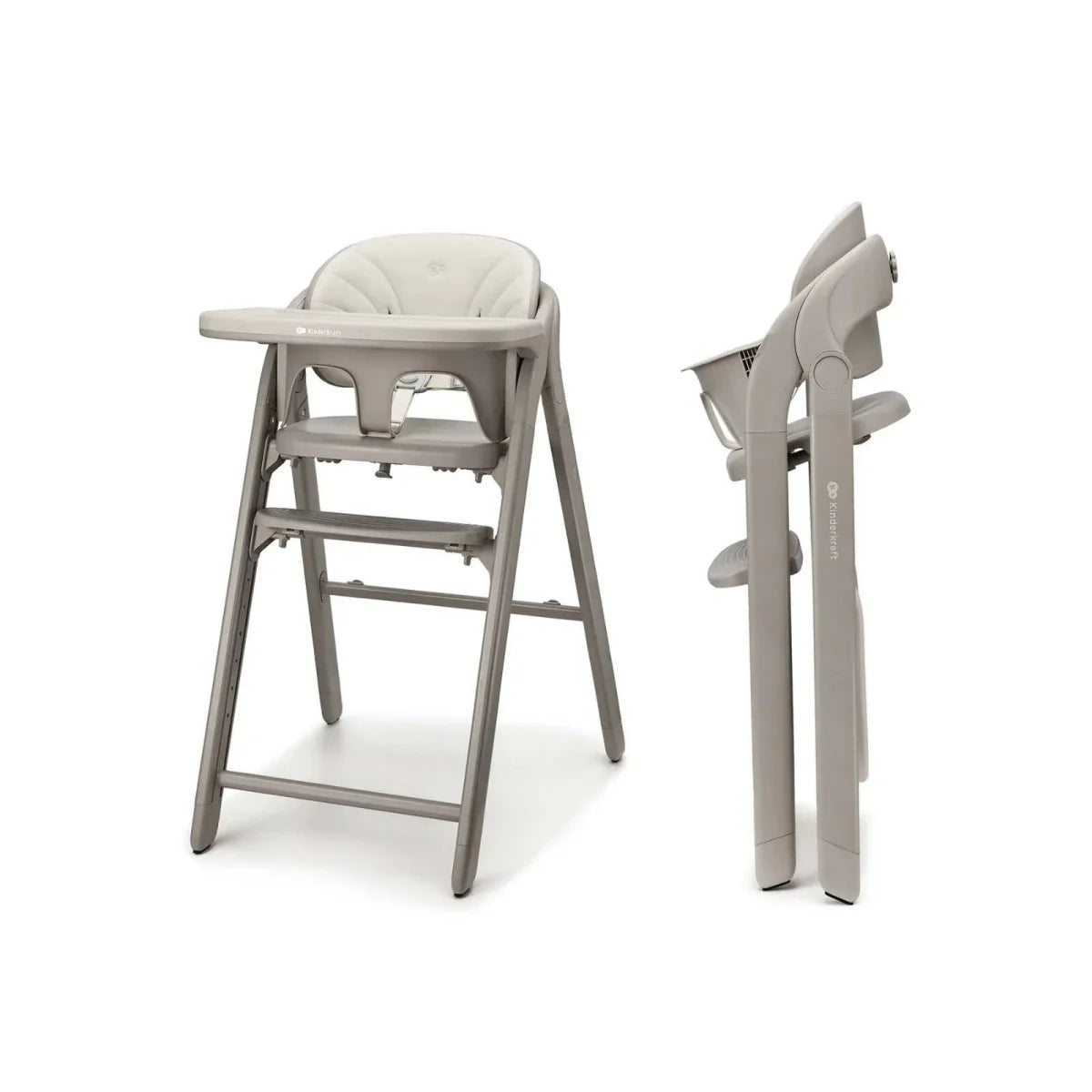 Beige 3-in-1 high chair showing front and side views with padded seat