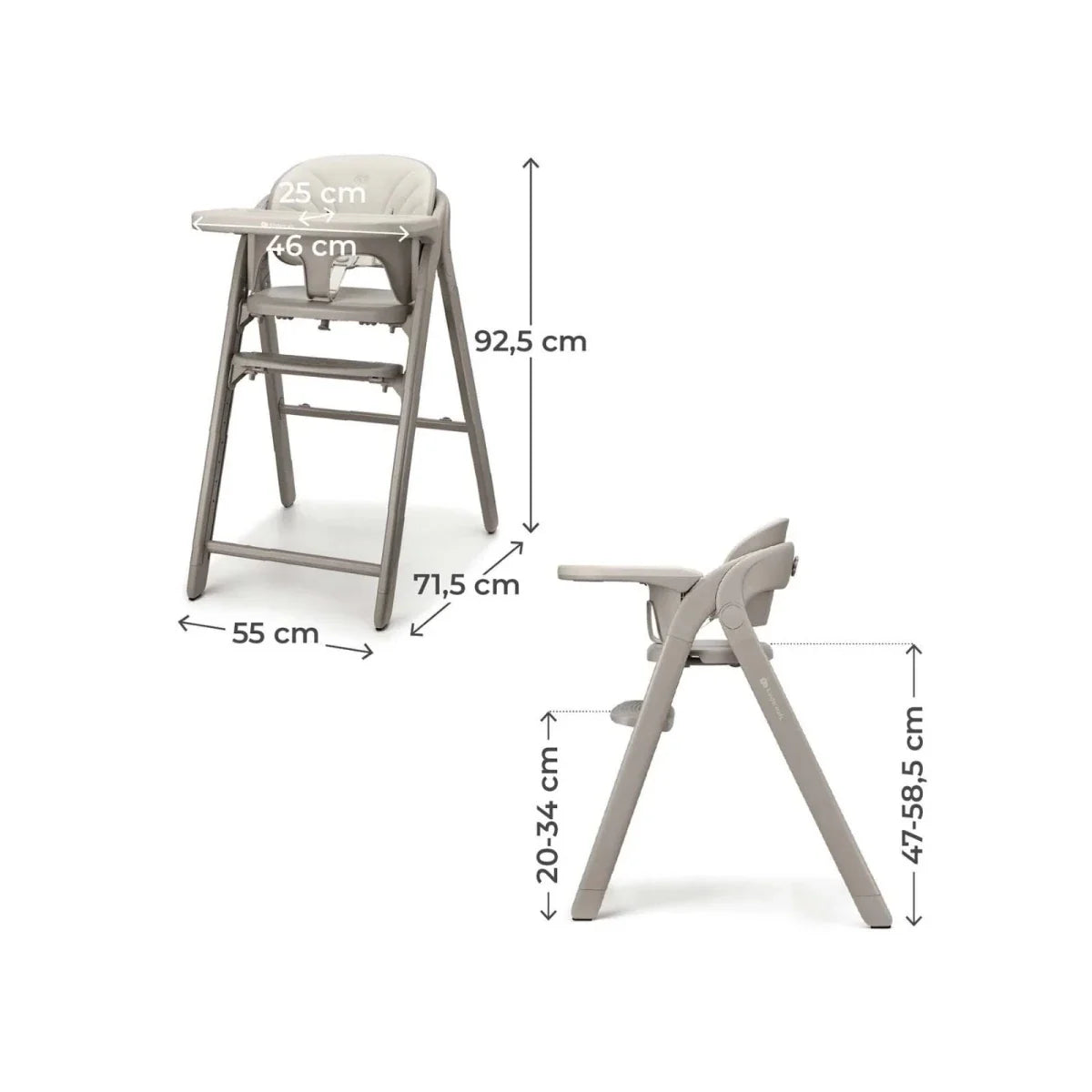 Beige 3-in-1 high chair with height and width measurements diagram