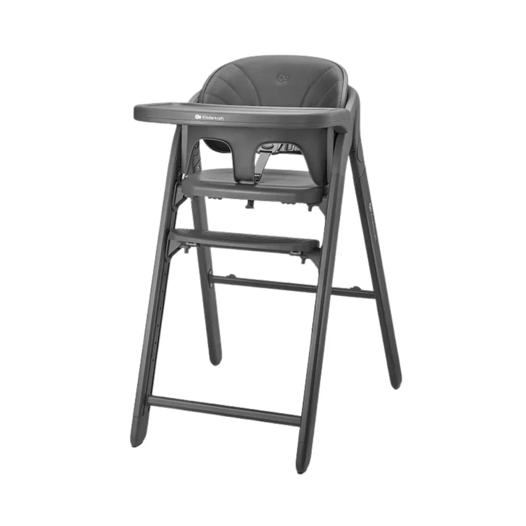 Grey 3-in-1 high chair with cushioned seat, tray, and reclining back support