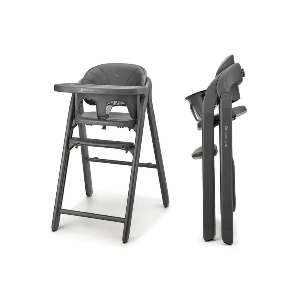 Grey high chair with cushioned seat and detachable tray; side view