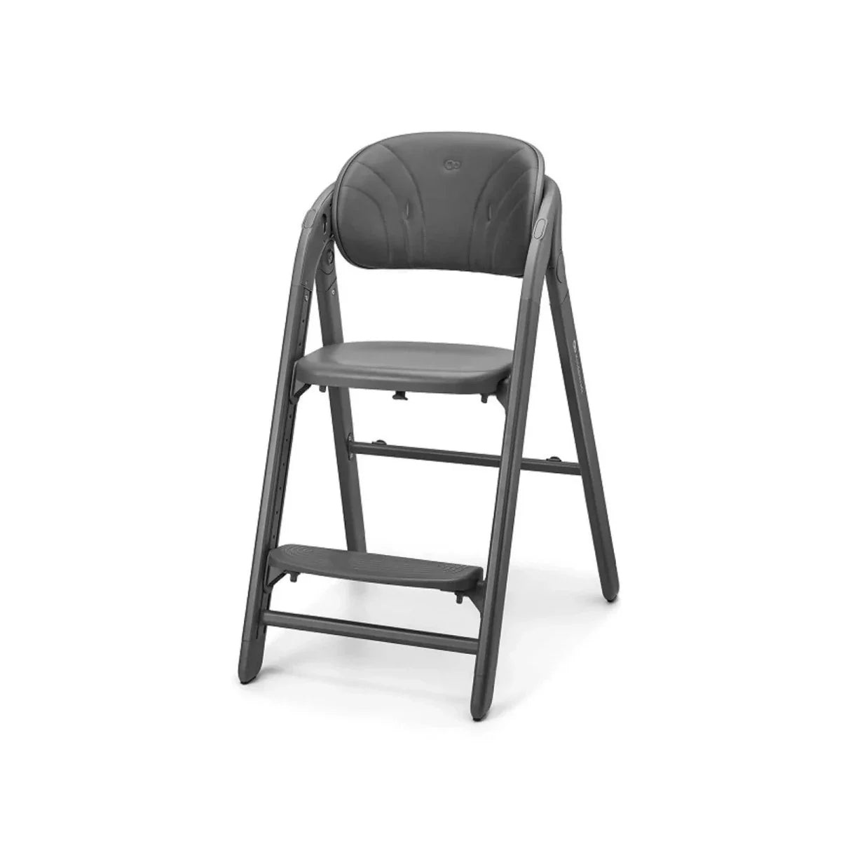 Grey high chair with padded backrest and two-position seat support frame