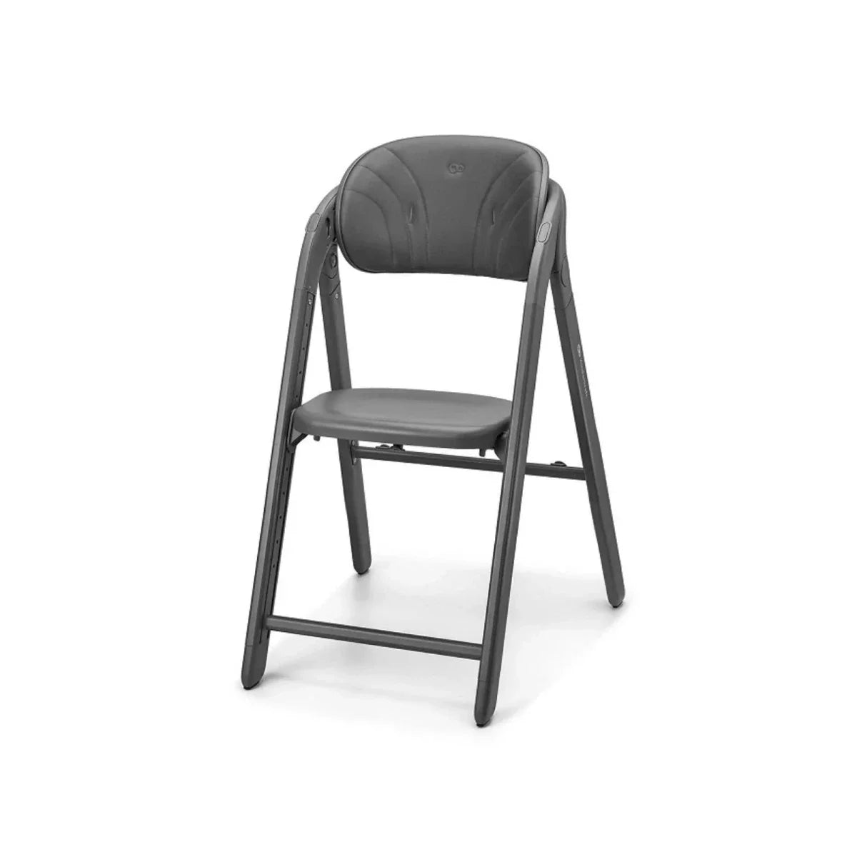 Grey cushioned high chair seat with padded backrest; front three-quarter view