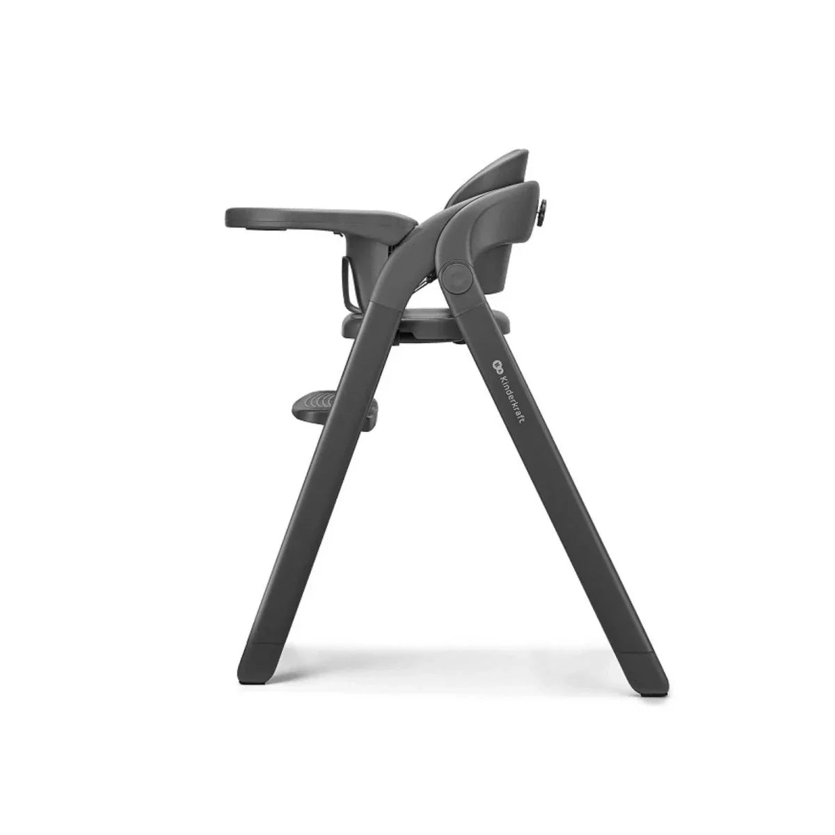 Grey high chair side view with angled legs and padded backrest