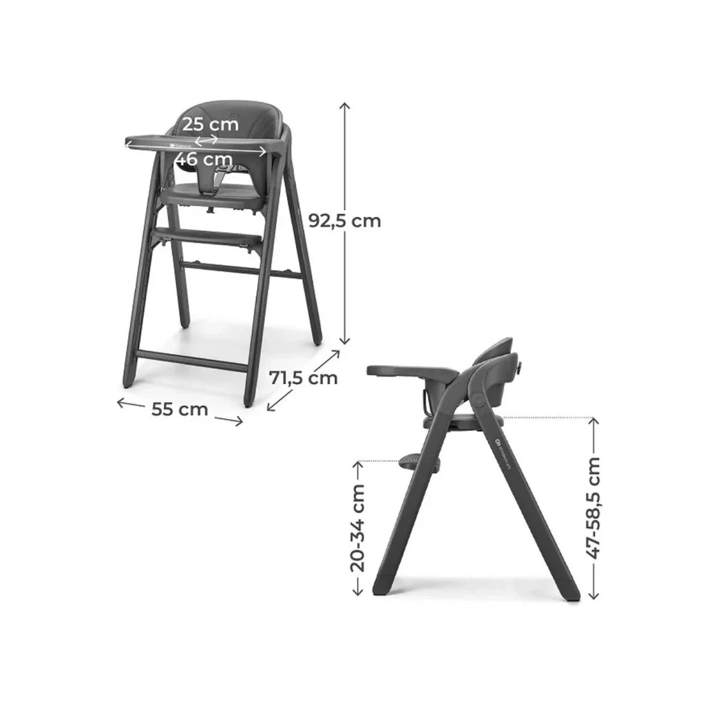 Grey high chair with size diagram showing approximate measurements