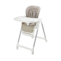 Beige 3-in-1 high chair with padded seat, safety harness, and white tray
