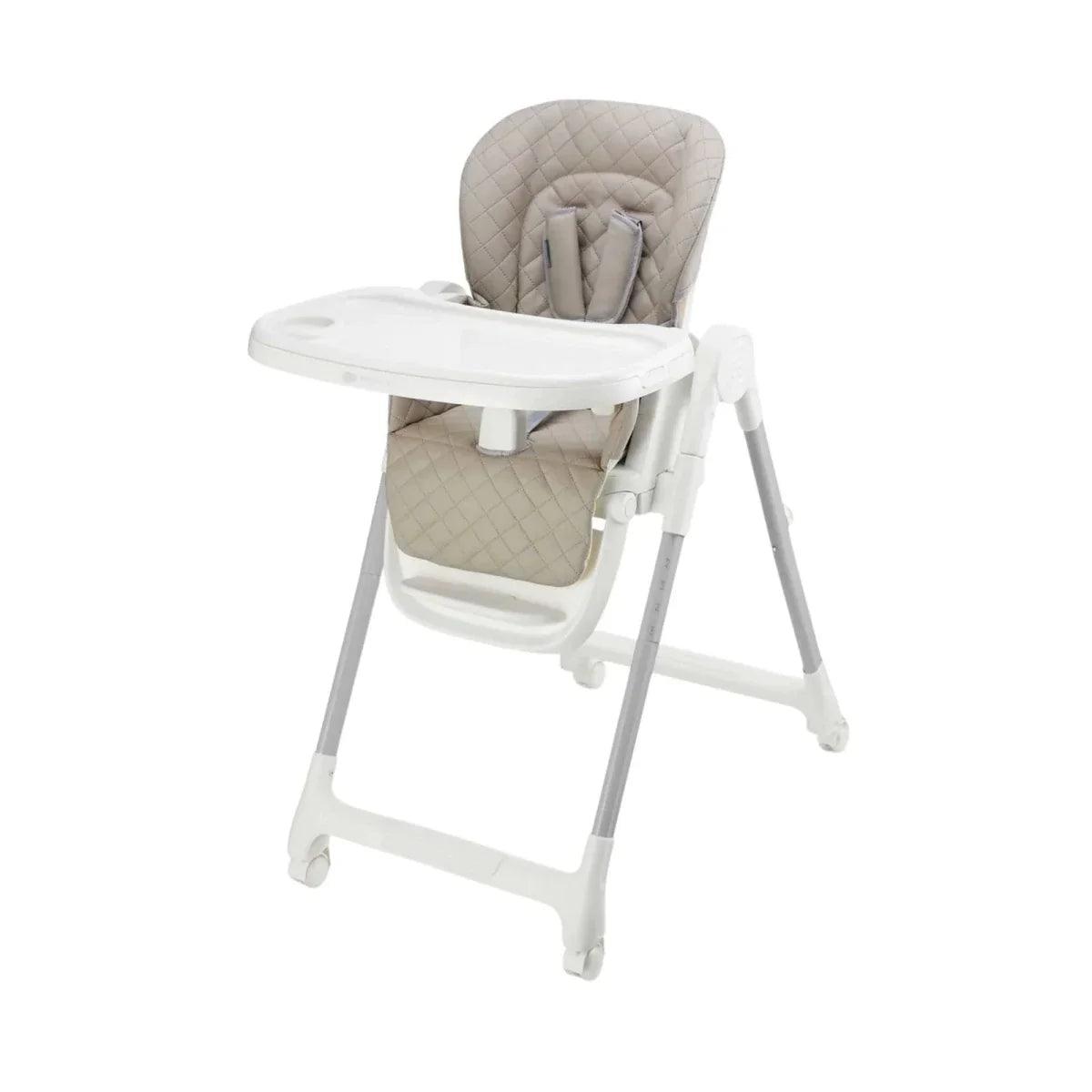 Beige 3-in-1 high chair with padded seat, safety harness, and white tray