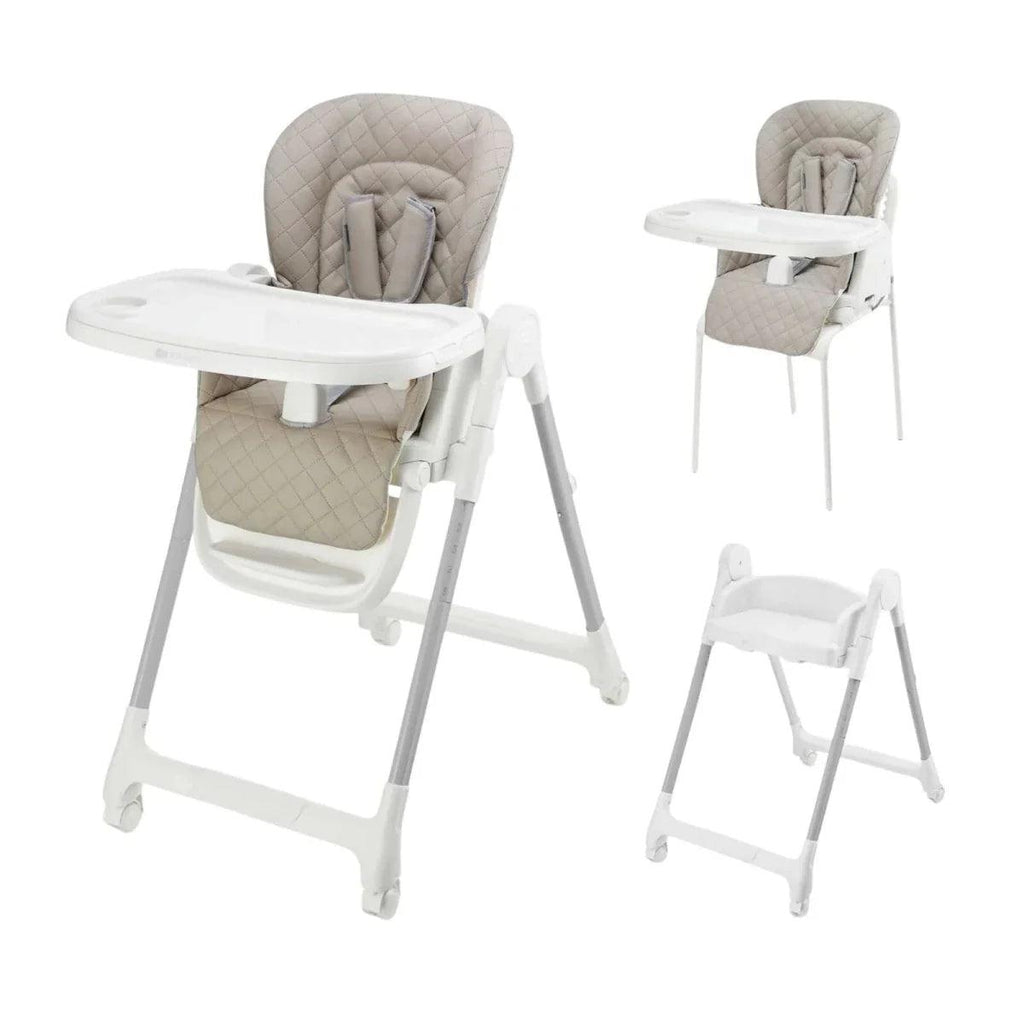 Beige 3-in-1 high chair shown with seat, tray, and folding compact base views