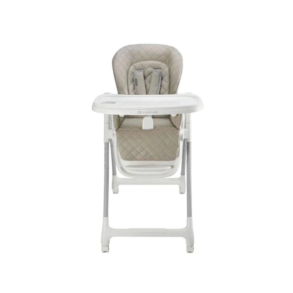Beige 3-in-1 high chair, front view with white frame and padded seat