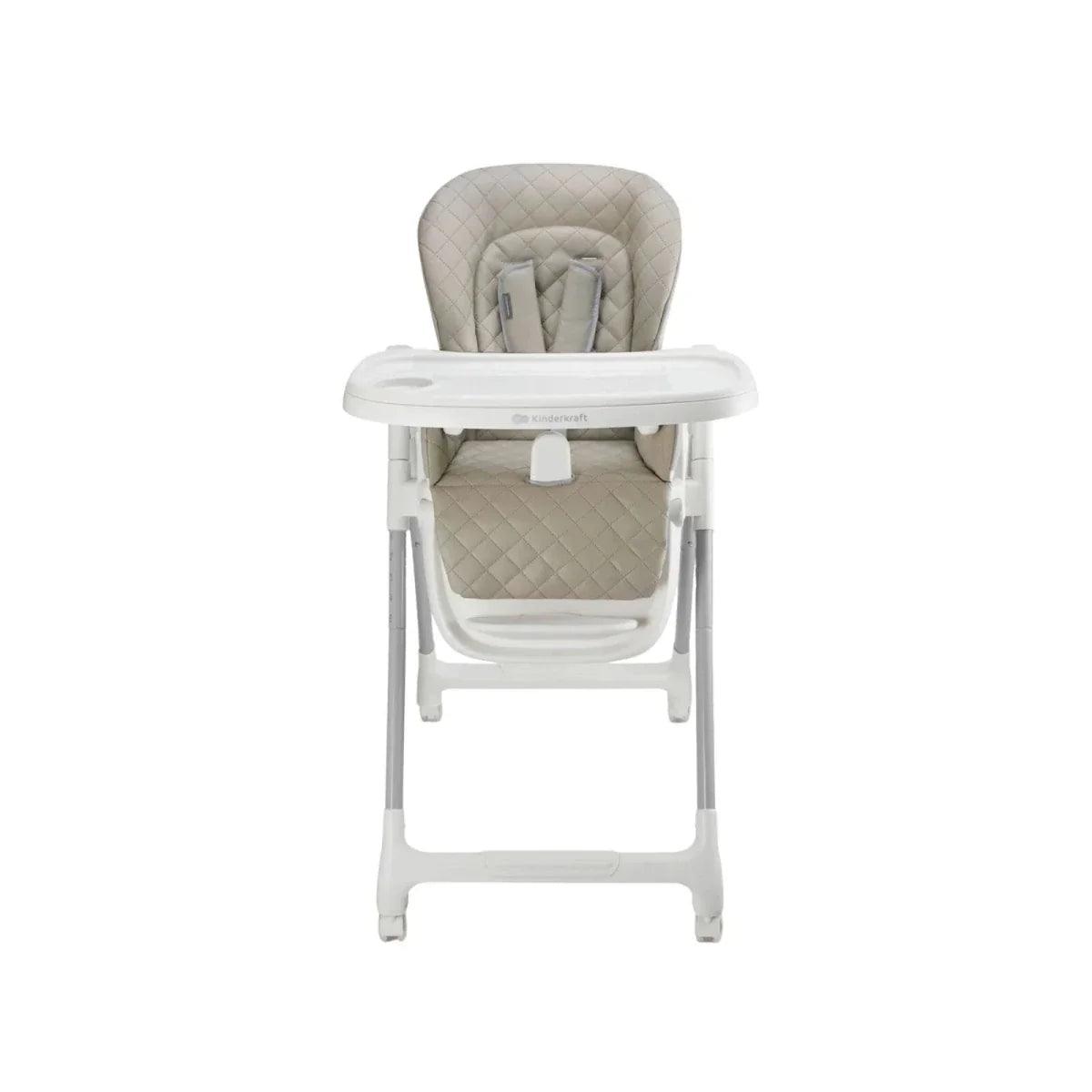 Beige 3-in-1 high chair, front view with white frame and padded seat