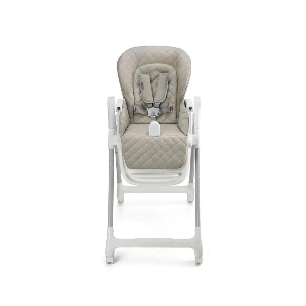 Beige 3-in-1 high chair, front view with padded backrest and white tray