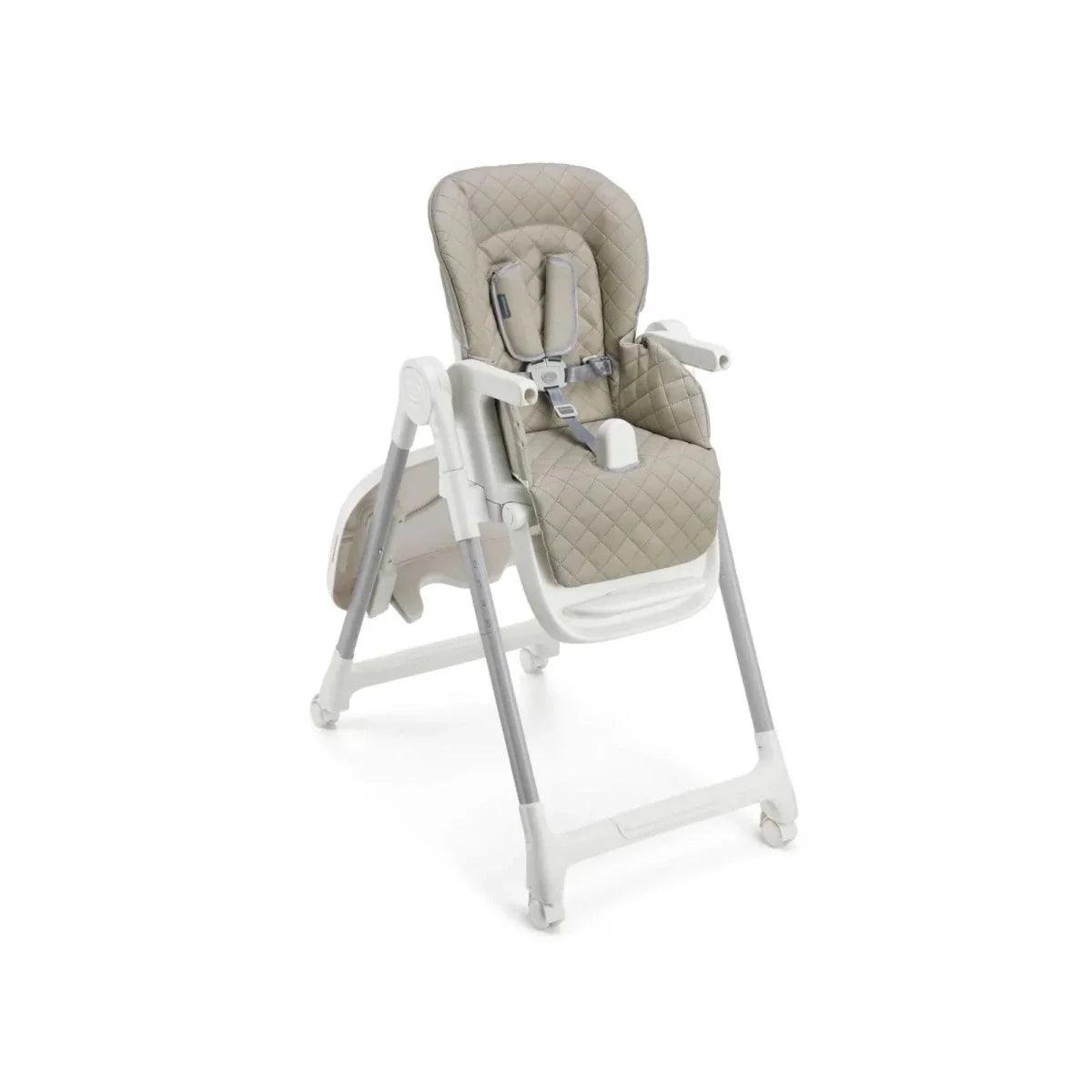 Beige 3-in-1 high chair, angled view with padded seat and safety harness