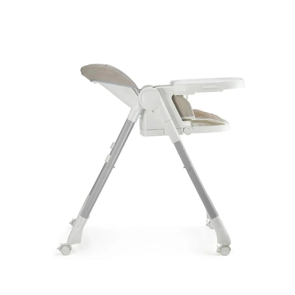 Beige 3-in-1 high chair in angled side view with footrest and wide base