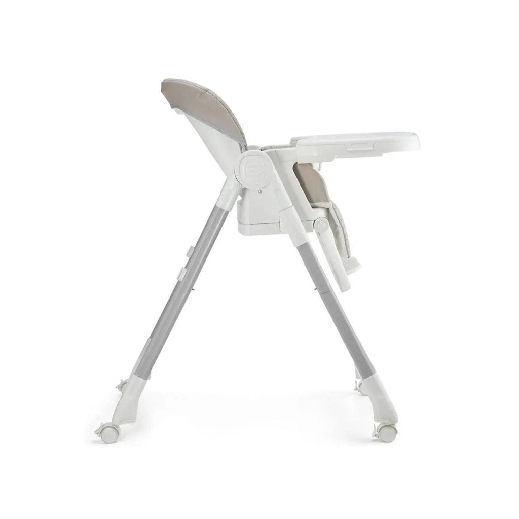 Beige 3-in-1 high chair side view with tray, seat, and four caster wheels