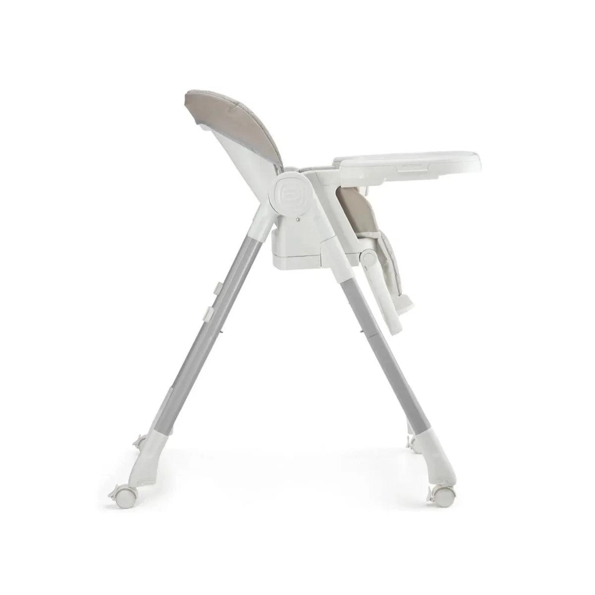 Beige 3-in-1 high chair side view with tray, seat, and four caster wheels