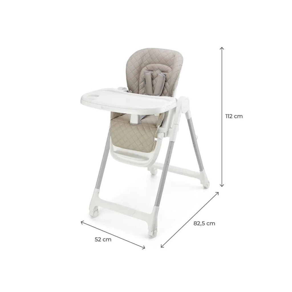 Beige high chair with front tray and padded insert; height and width shown