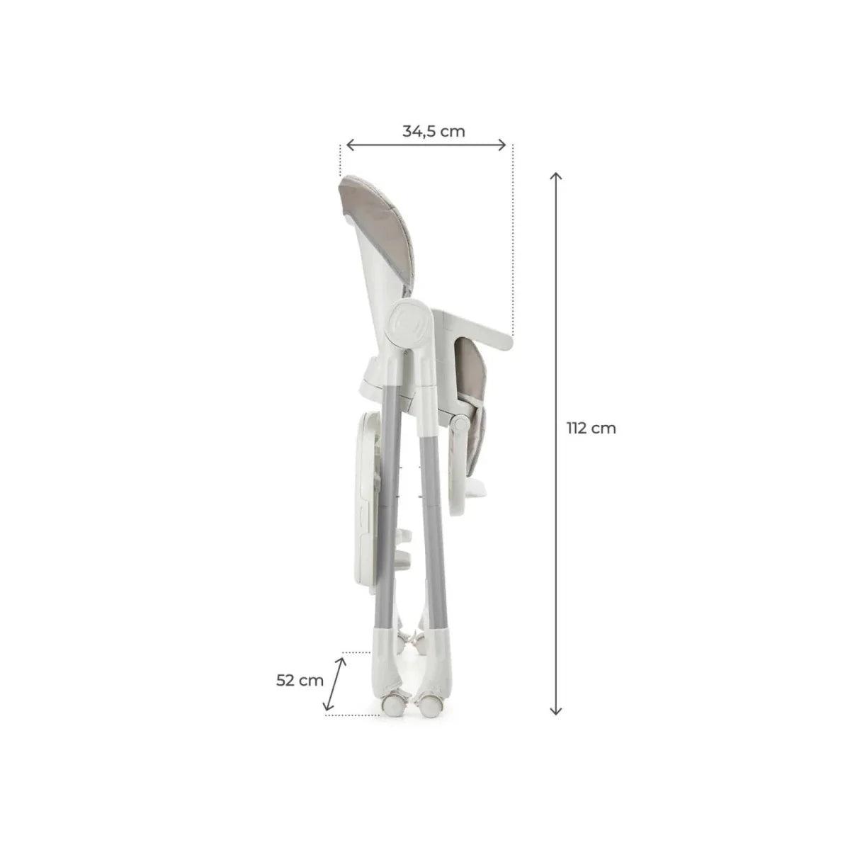 Beige high chair side view with footrest and safety harness, compact frame