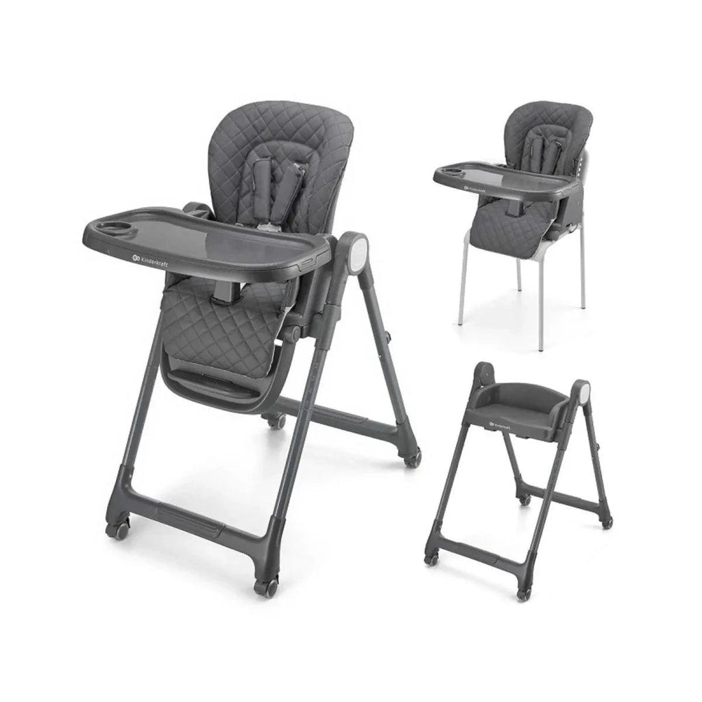 Grey 3-in-1 high chair with quilted seat, tray table, and folding base