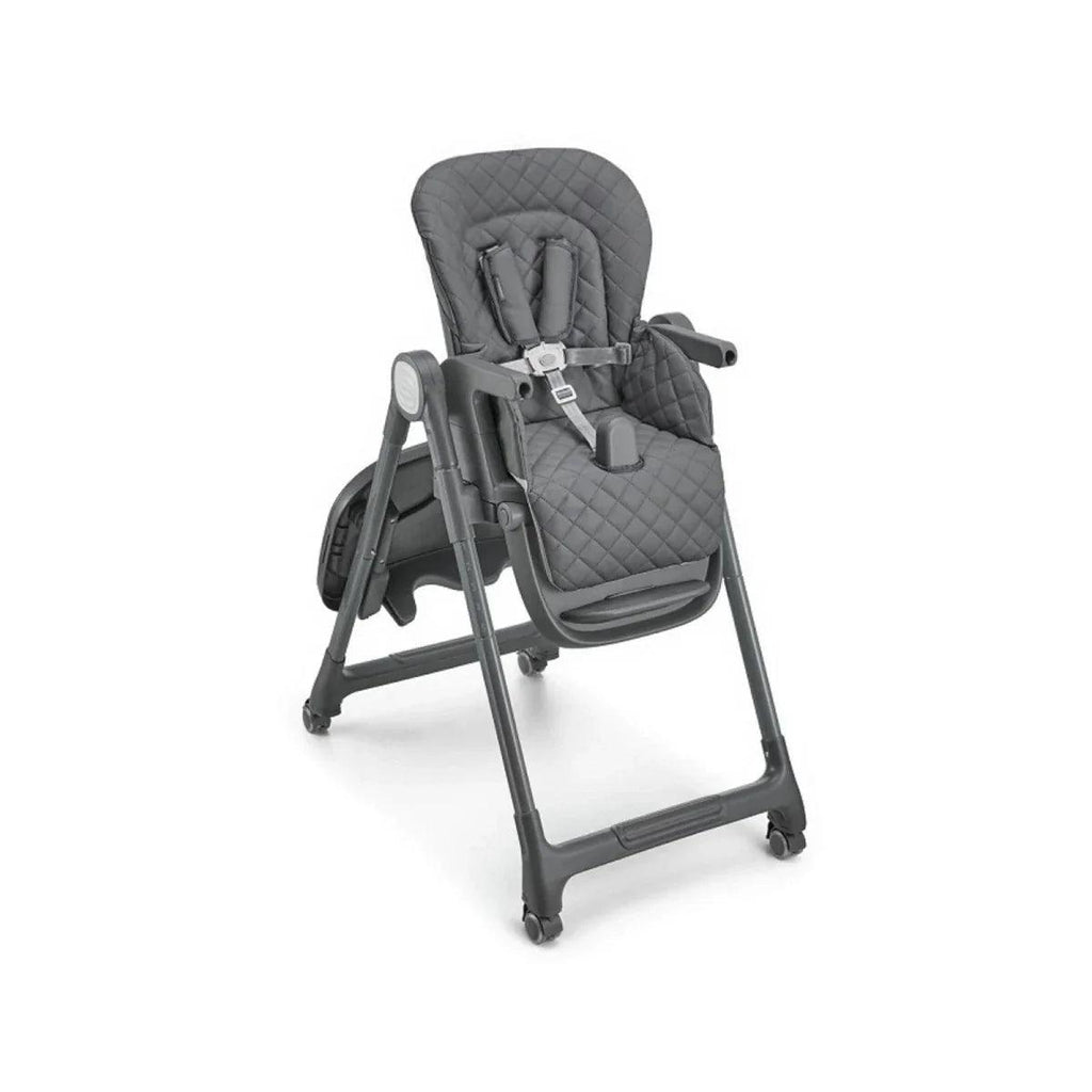 Grey high chair with quilted seat, harness straps, and front footrest