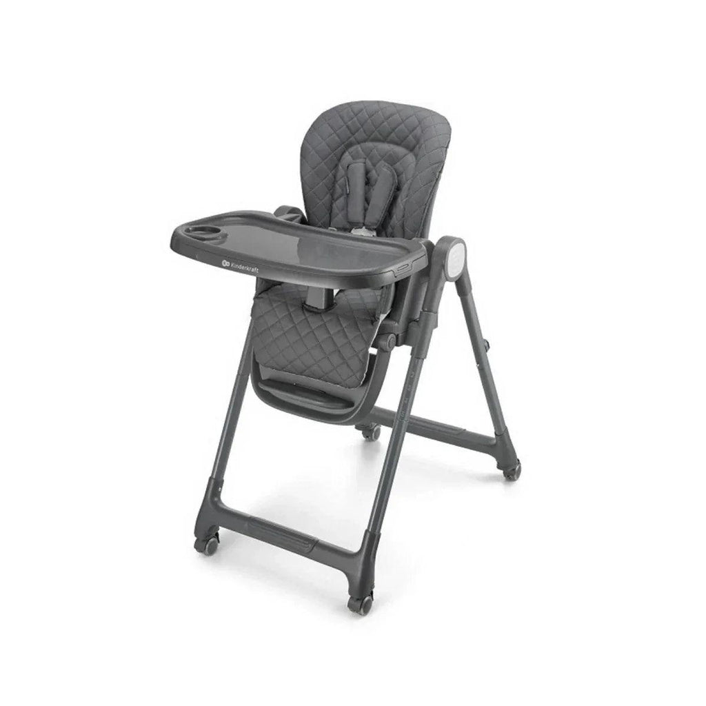 Grey padded high chair with tray table and safety harness straps