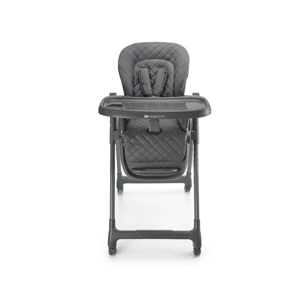 Grey high chair in standing view with tray table and padded quilted seat
