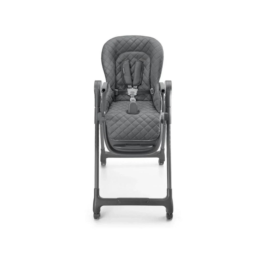 Grey padded high chair with harness buckle, quilted seat, and stable legs
