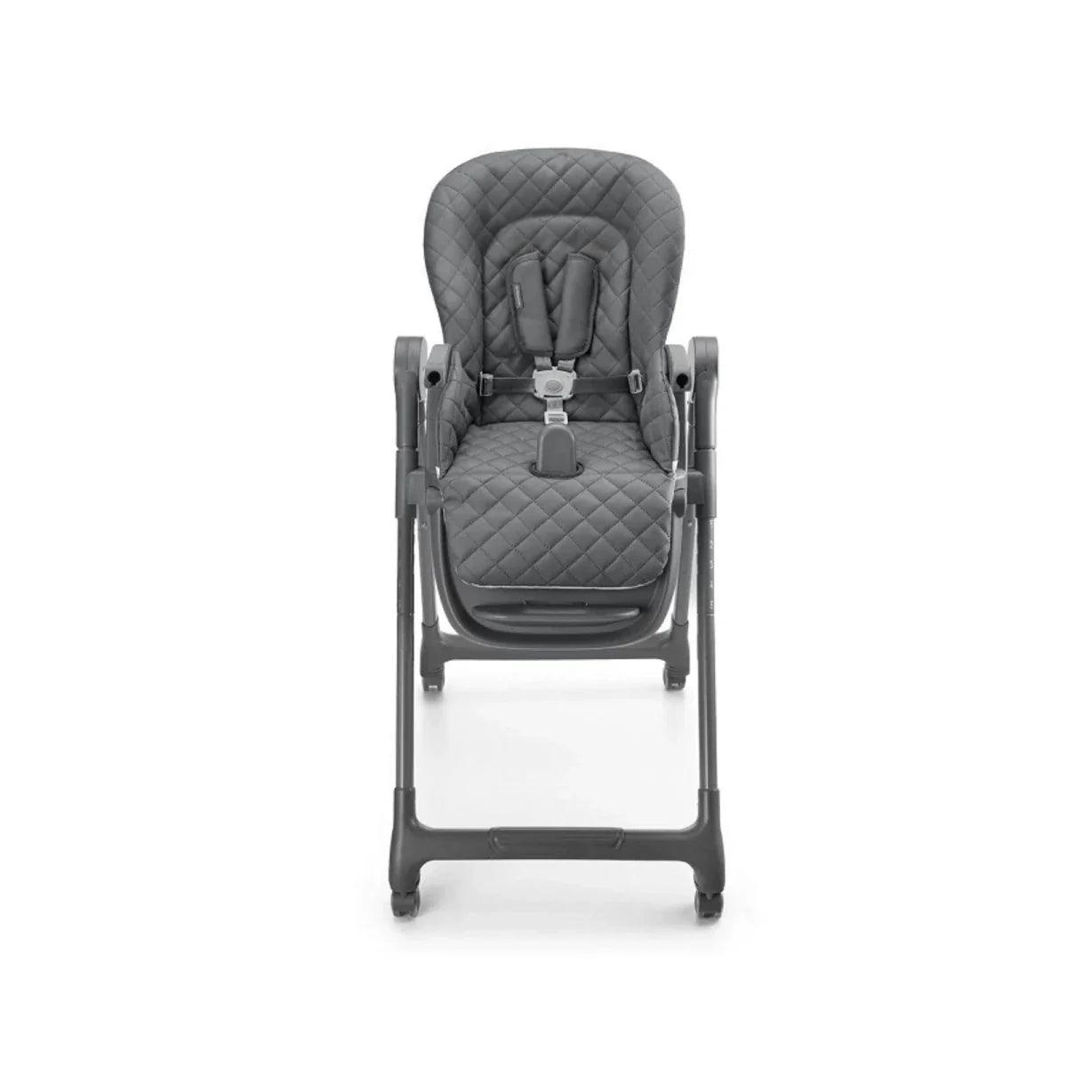 Grey padded high chair with harness buckle, quilted seat, and stable legs