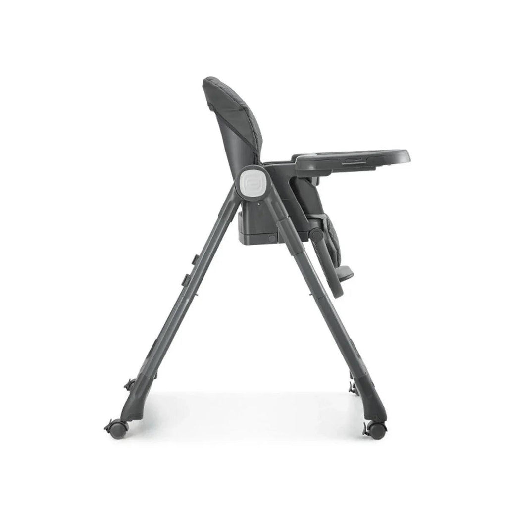 Grey high chair side view with tray table, padded back, and rolling feet
