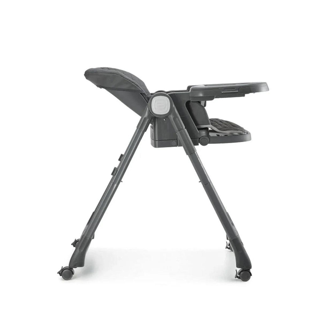 Grey high chair from the rear side with tray and padded backrest