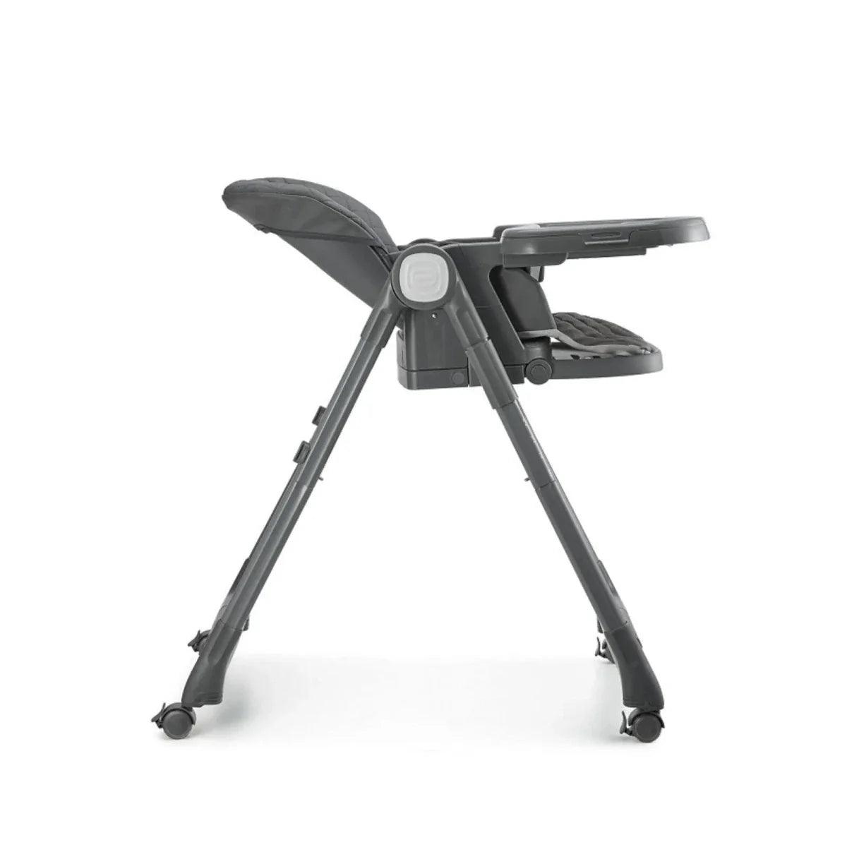Grey high chair from the rear side with tray and padded backrest