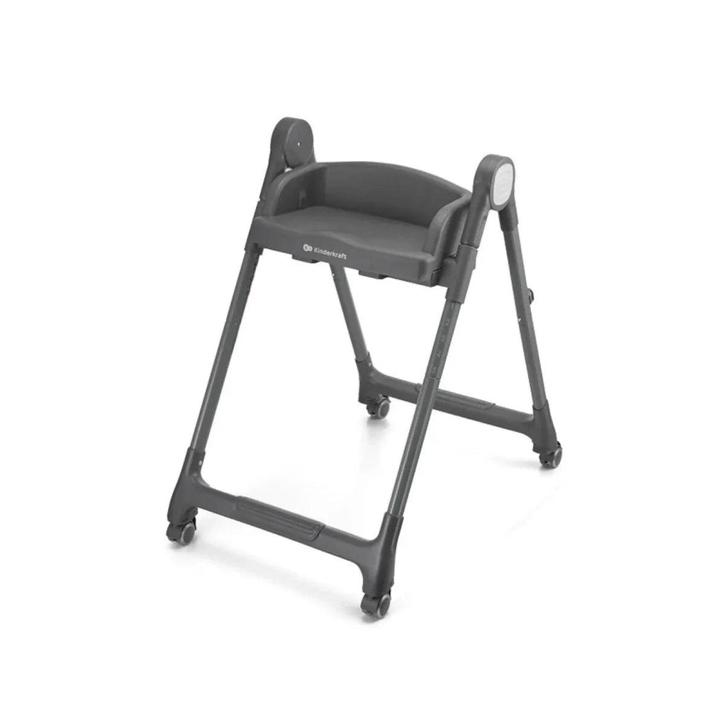 Grey high chair side view with padded seat, armrests, and tray