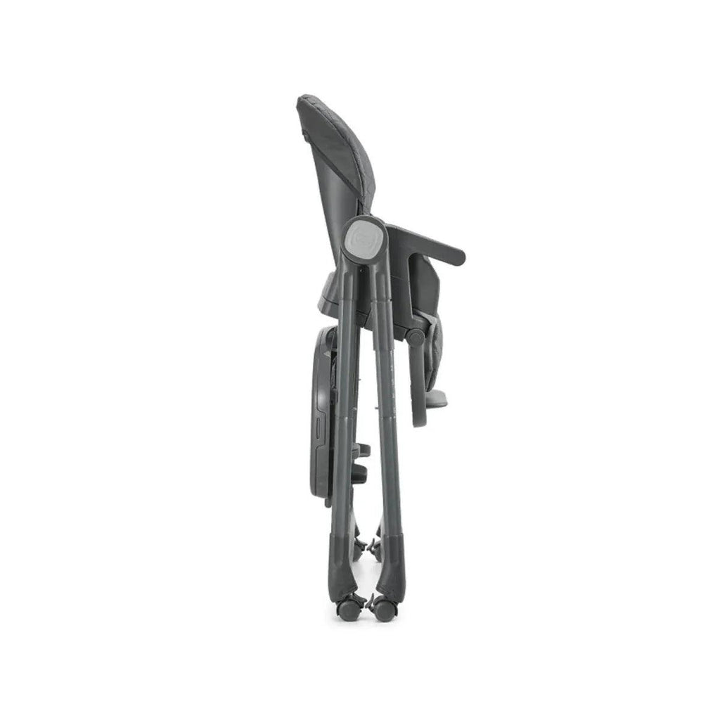 Grey high chair narrow profile with tray attachment, harness, and wheels